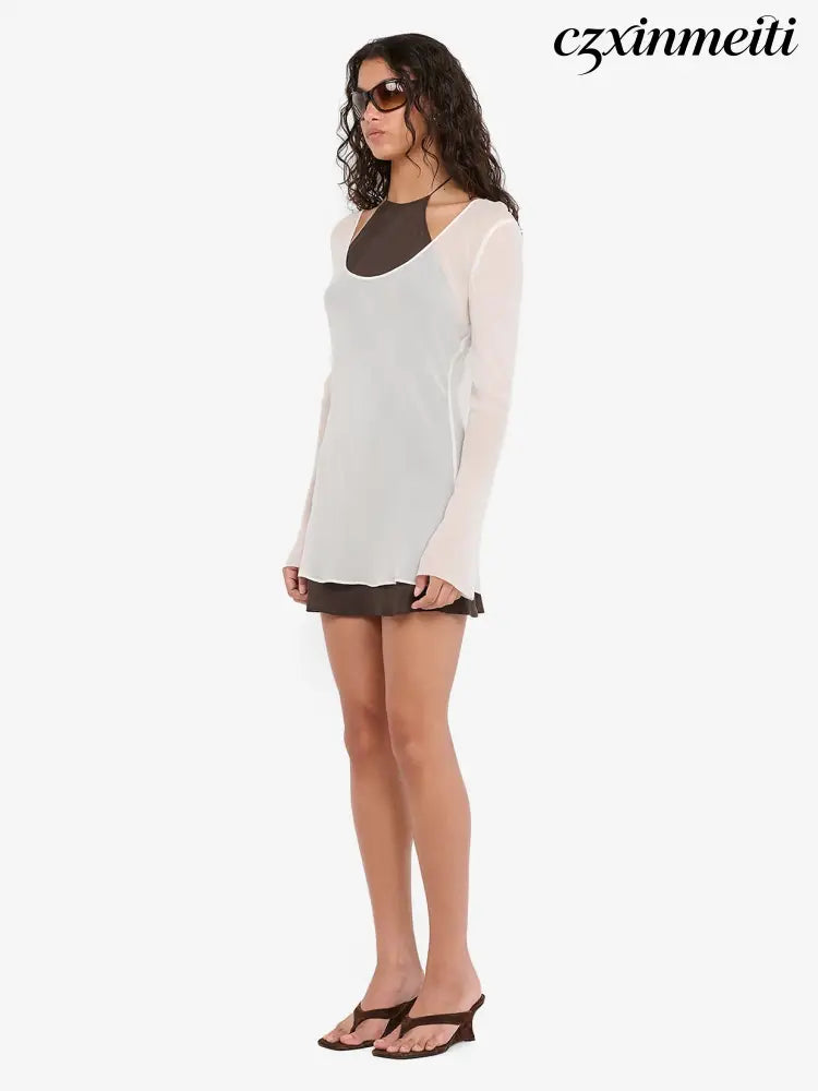 AUGUSTIN LAYERED MINI DRESS - SNOW/DARK CHOC - Dresses