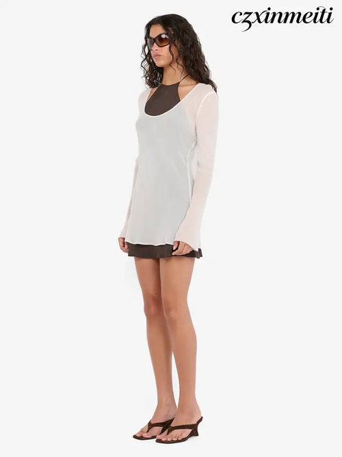 AUGUSTIN LAYERED MINI DRESS - SNOW/DARK CHOC - Dresses