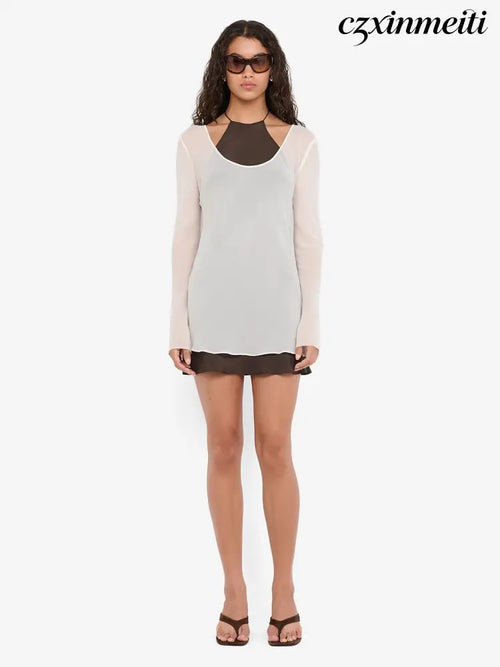 AUGUSTIN LAYERED MINI DRESS - SNOW/DARK CHOC - Dresses